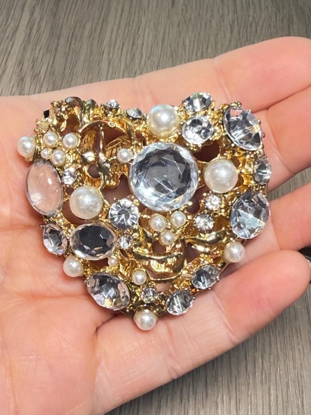 Handmade Rhinestone Heart Pendant Component Gold Tone Openwork Jewelry Piece
